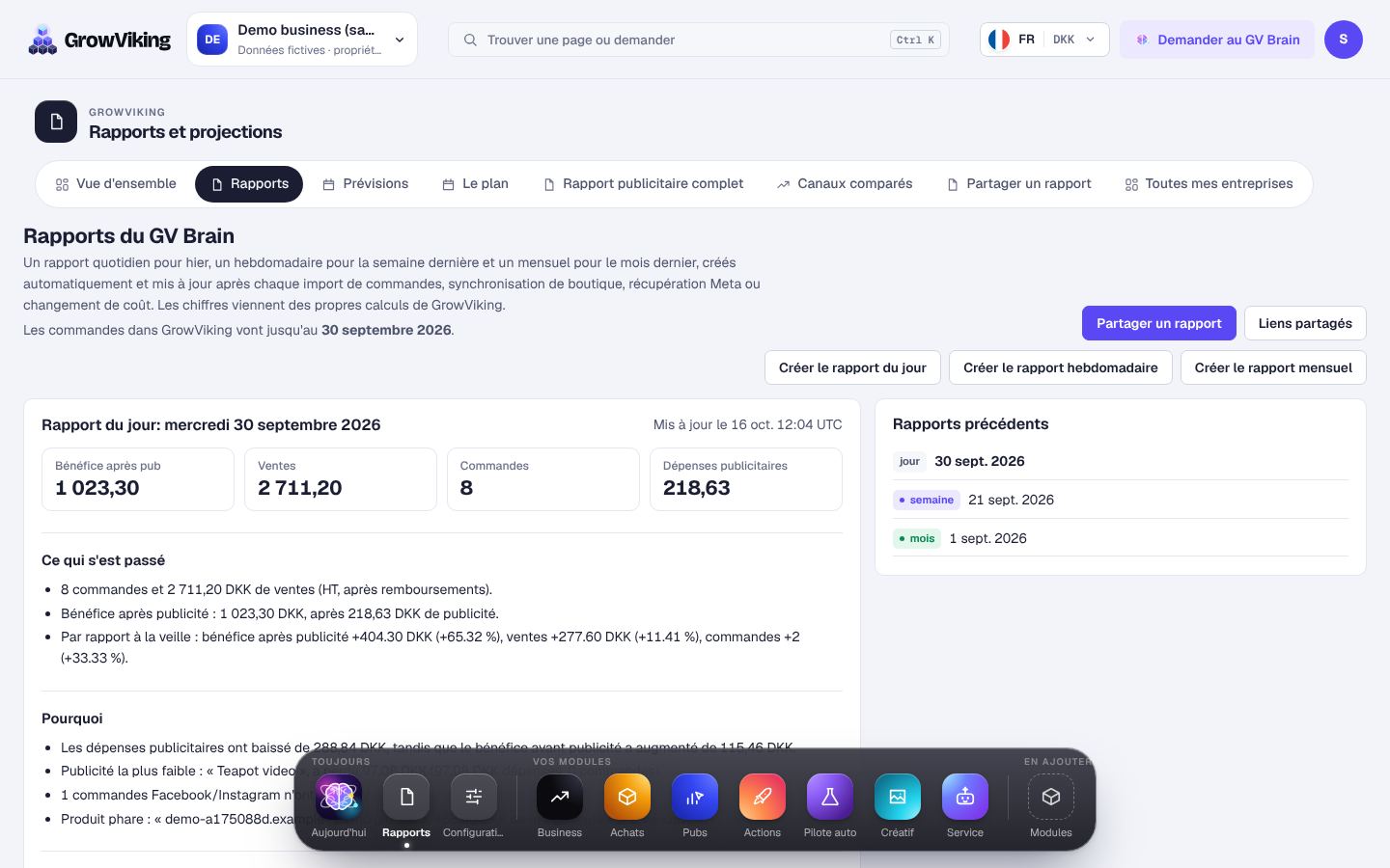 Rapports quotidiens, hebdomadaires et mensuels